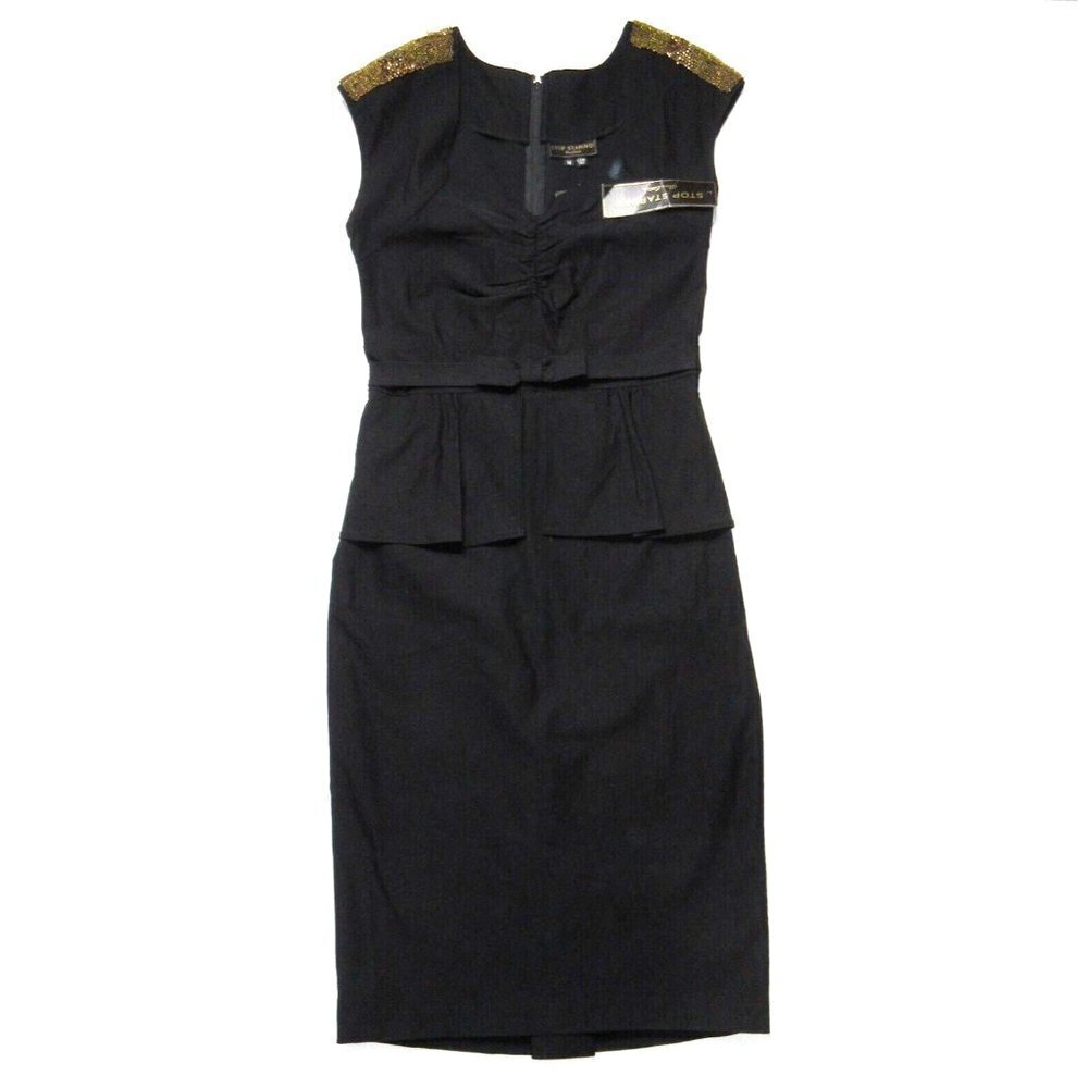NWT Stop Staring! Icon Sheath in Black Peplum Beaded Stretch Wiggle Dress 14
